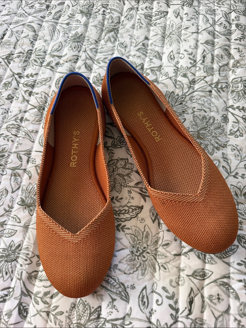 Rothy's Women's Knitted Flat in Brown with Blue Trim